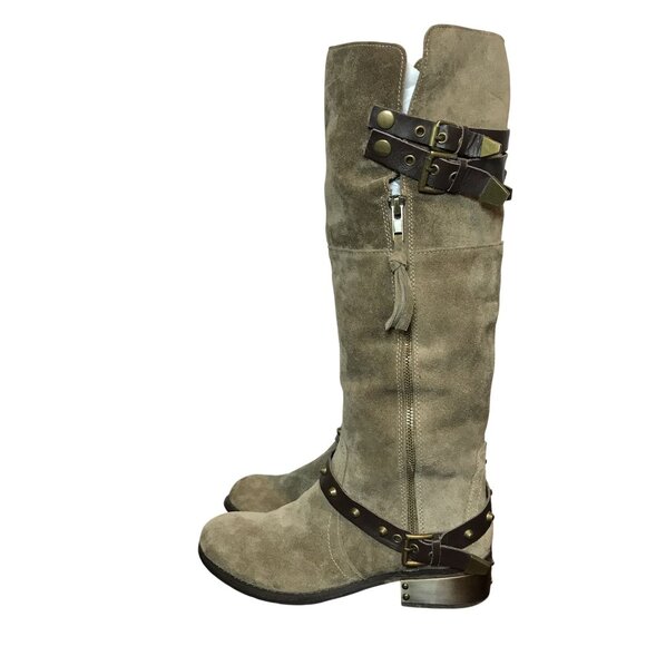 VERY VOLITILE Tan Suede Knee High Boots Womens 7 Side Zip Straps - Picture 10 of 14